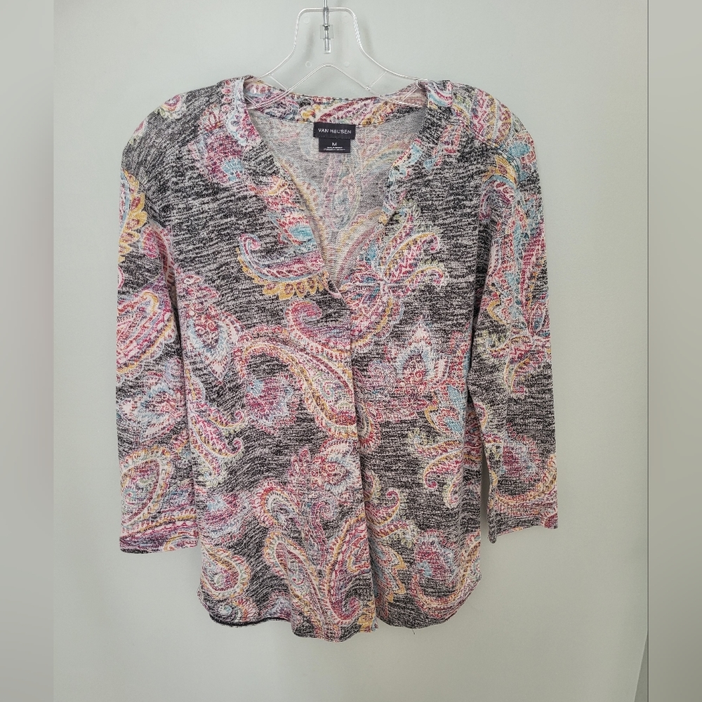 Van Heusen Women‎ Size Medium V Neck 3/4 Sleeve Paisley Blouse Top